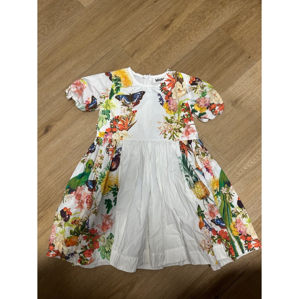 Molo Kids Girls White Botanical Floral Butterfly Puff Sleeve Dress Size 98 104